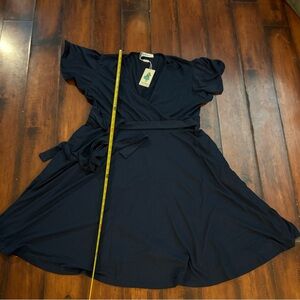 Women's Navy Wrap Dress with Short Sleeves and Tie Waist